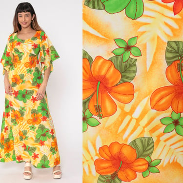 70s Hawaiian Maxi Dress Angel Sleeve Floral Empire Waist Hippie Bohemian Festival Orange Green Yellow Boho Vintage 1970s Small 4 