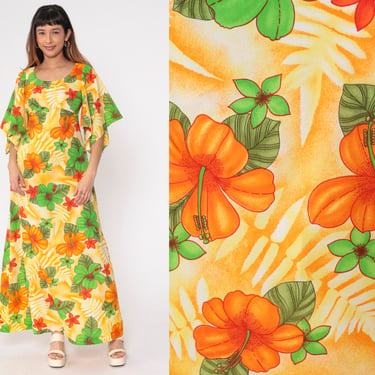 70s Hawaiian Maxi Dress Angel Sleeve Floral Empire | Shop Exile - Tucson,  AZ