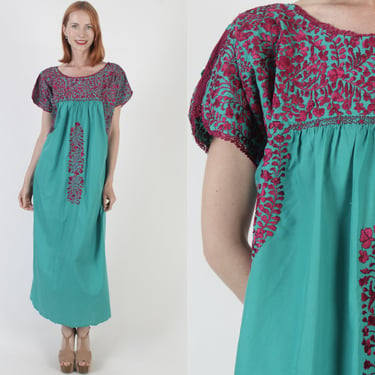 Mexican Hand Embroidered Oaxacan Dress Plus Size San Antonio Floral Caftan Extra Large Womens Puebla Dress 