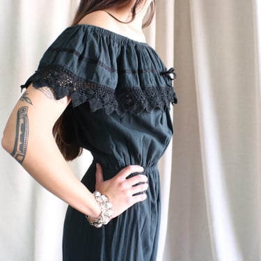Crochet Lace Jumpsuit / Black Cotton Romper / Harem Leg Bohemian Off the Shoulder Jumpsuit 