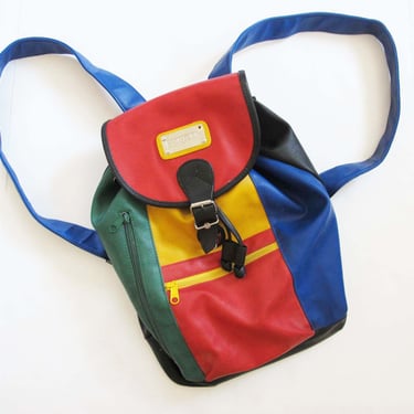 Vintage 90s Colorblock Eastpak Fake Leather Backpack - Color Block 1990s Drawstring Vinyl Vegan Leather School Rucksack Bag 