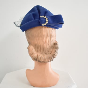 1950s Carol Ann Blue Cloche Hat with Rhinestone Buckle 