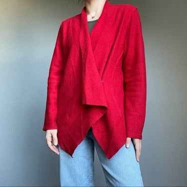 Eileen Fisher Warm Red Wool Hippie Relaxed Asymmetrical Cardigan Women's M 