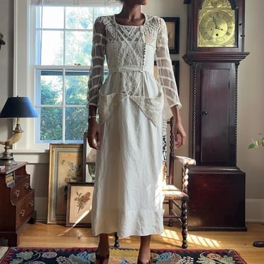 1910s/1920s Antique Linen and Lace Embroidered Dress Antique Wedding Dress Embroidered 