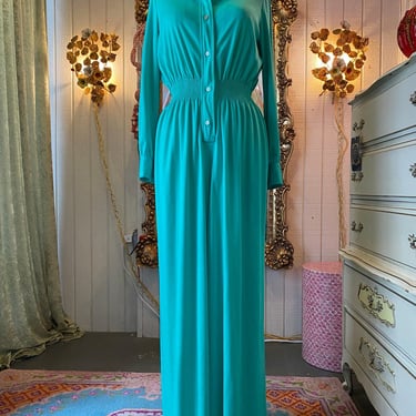 1970s Lillie Rubin jumpsuit wide leg green polyester smocked med Kappi mod disco 