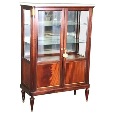 Petite Lighted French Flame Mahogany Louis XVI Directoire Vitrine Marble Top