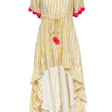 Sundress - Yellow Stripe High-Low Dress w/ Magenta Pom Trim Sz XS/S