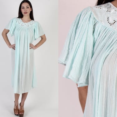 Mint Color Thin Gauze Floral Embroidered Cover Up Dress 