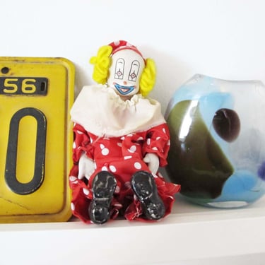 Vintage 70s Porcelain Clown Doll - Small 1970s Clown Baby Red Yellow Soft Body Doll - Clowncore 