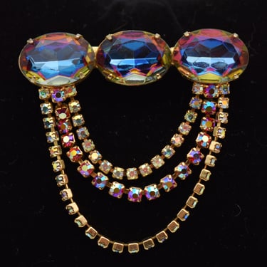 Big 80's watermelon Rivoli AB crystal festoons pin, Disco fabulous rainbow bling brooch 