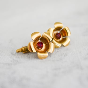 1960s Gold Flower Clip Earrings with Red Rhinestones 