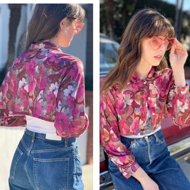 70s Floral Blouse Cropped upcycled girl core Feminine with Edge S M 