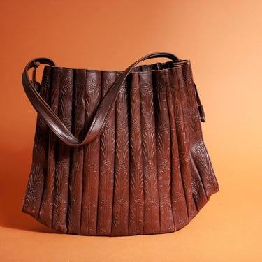 90s Dark Chocolate Brown Engraved Leather Hand Carved Purse Vintage Shoulder Bag 