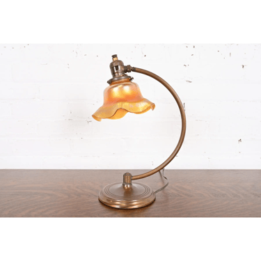 Antique Chase Art Deco Brass Desk Lamp With Quezal Favrile Art Glass Shade, Circa 1930s