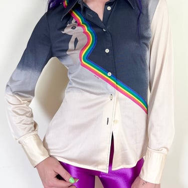 70’s Nik Nik Art Nouveau Lady Face Rainbow Wave Black Cream Ombre Disco Shirt Blouse
