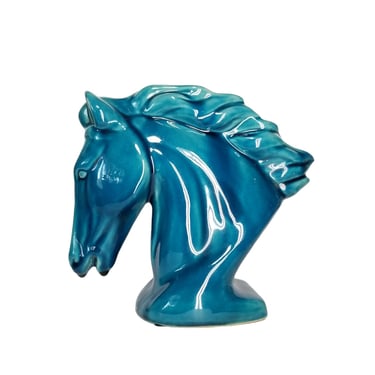 Vintage Horse Head Figurine / Large Blue Ceramic Horse Bust / Glazed Wild Stallion Statuette / 1970s Boho Coastal Home Decor 