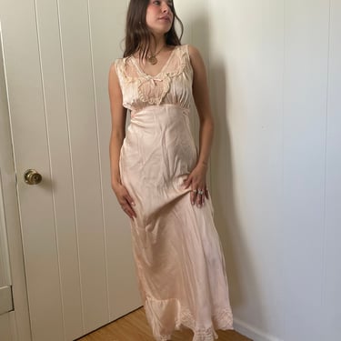 1940s Satin Pink Bias Cut Slip Dress with Ribbons and Lace size X-Small Small 