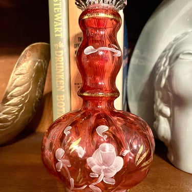 Vintage 1940s  Fenton Cranberry Pink Glass Perfume Bottle Hand Painted Flowers, No Lid 