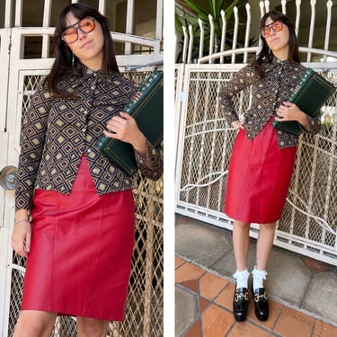 80s High waist Designer Lord & Taylor Red Leather Mini Skirt S M 