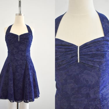 1990s Blue Flocked Velvet Rose Party Dress 
