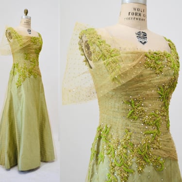 2000s y2k Vintage Beaded Ball Gown Dress Green Floral Beaded Wedding Dress Evening Wedding Gown Medium green Tiana Princess Dress 