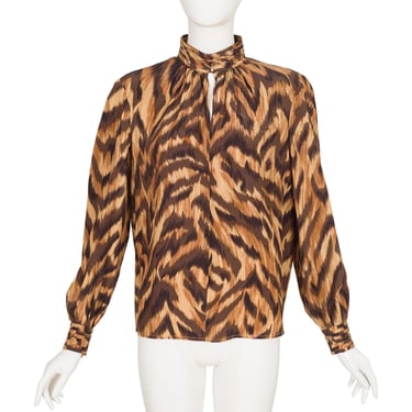 Valentino 1980s Vintage Tiger Stripe Silk Keyhole Neckline Long Sleeve Blouse 