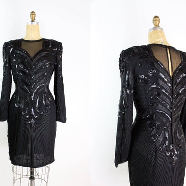 Vintage 80s Black Party Dress / Holiday Party Dress / Cocktail Dress /Art Deco Dress / 80s Sequined Beaded Mini Dress/Size S/M 