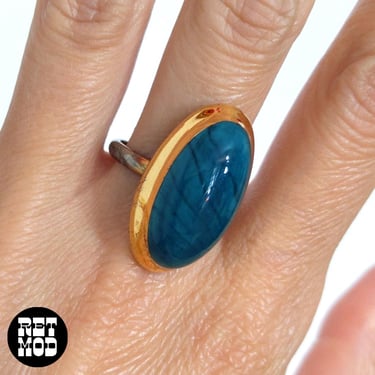 Unique 70s Turquoise Gold Ceramic Oval Adjustable Ring 