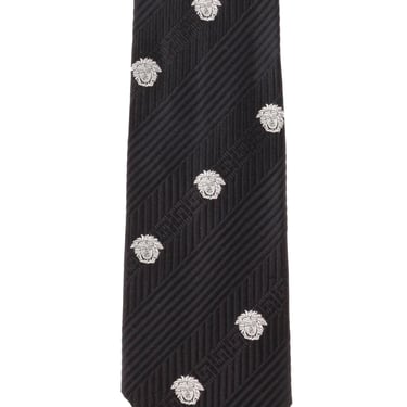 Gianni Versace 1990s Vintage Medusa Head Black Silk Jacquard Men's Tie Necktie 