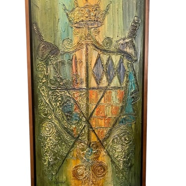 Midcentury Modern Oil on Board of a Medieval Crest Signed Van Hoople