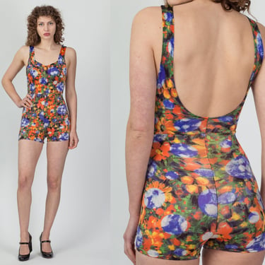 80s Floral Low Back Swimsuit - Small | Vintage Wacoal One Piece Bathing Suit 