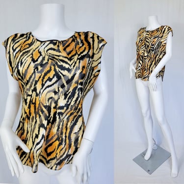 1980's Tiger Print Poly Blouse I Shirt I Top I Sz Med I Sleeveless I Bias Cut 
