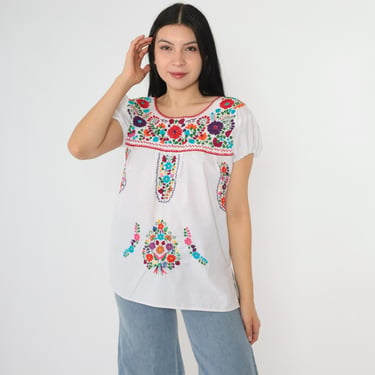 Mexican Floral Blouse 90s Embroidered Top White Flower Peasant Hippie Short Sleeve Tent Shirt Cotton Vintage 1990s Small S 