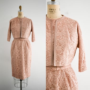 1950s Pink Lace Jacket and Wiggle Dress Set 
