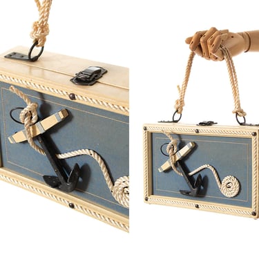 Vintage 1950s 1960s Box Purse | 50s 60s Nautical Sailor Anchor Novelty Print Wooden Summer Handbag 