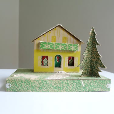 Vintage Cardboard Holiday Putz Chalet with Paper Windows, Mid-Century Holiday Mantel Decoration, Large Putz House 