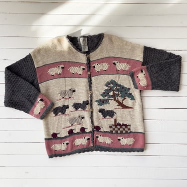 cute cottagecore sweater 90s vintage cream pink gray sheep farm knit cardigan 