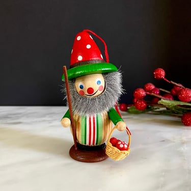 Vintage  Steinbach Germany Wood Christmas Ornament, Gnome Tomte Elf - Mushroom Collector with Basket, Handmade, Hand Painted, Original Box 