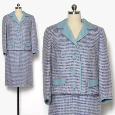 Vintage 60s Mohair Wool Suit / 1960s Pastel Plaid Wool Blazer Jacket & Skirt Set 