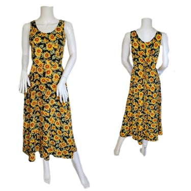 1990's Black Yellow Rayon Sunflower Floral Print Grunge Dress I Sz Med I All That Jazz 