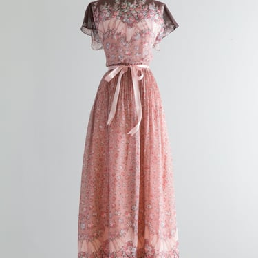 1970's Romantic Cotton Voile Floral Print Gown / XS