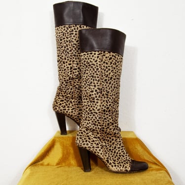 Vintage 1960s Leopard Pony Knee Boots Rounded Toe With Heels Size UK 4 EU 37 