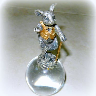 Pewter Rabbit  Crystal Cut Glass Easter Silver Rabbit with Gold Vest and Cane Standing on Clear Ball~ Spi San Pacific Int'l Pewter Figurine 