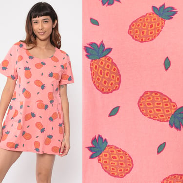 Pink Pineapple Dress Vintage 90s Tropical Beach T Shirt Dress Drop Waist Pocket Fruit All Over Print Graphic Dress 1990s Small S 
