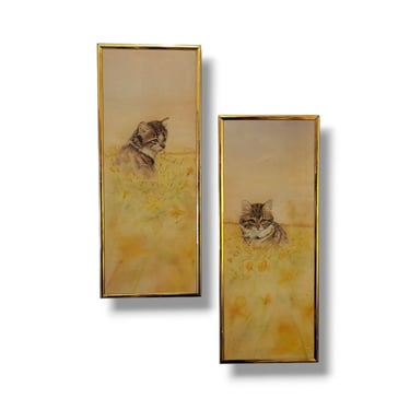 Pair Vintage Framed Kittens Art Print, Cats Playing in Field, Gold Frame, 1970s Kitty Wall Hanging, Cat Lover, Retro Vintage Home Decor 