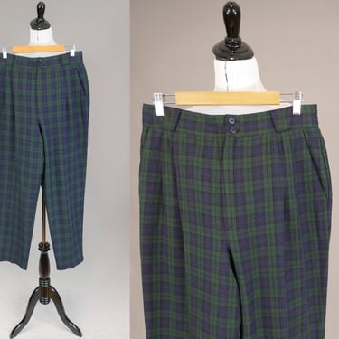 80s Pleated Plaid Pants - 31" 32" waist - Green Navy Black - High Rise Trousers - Fundamental Things - Vintage 1980s - 30" inseam 
