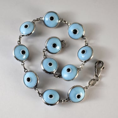 80's Malocchio eye of god light blue glass sterling arcana bracelet, 925 silver hand blown glass evil eye stackable 