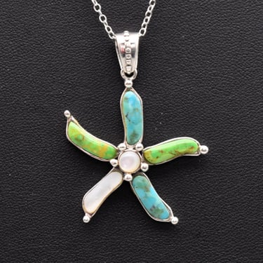 80's sterling turquoise gaspeite Mother of Pearl starfish pendant, NOS SU TH 925 silver asymmetrical sea star necklace 