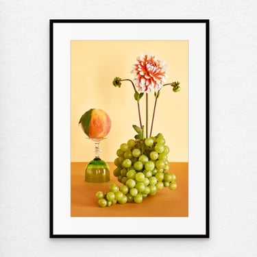 Archival Framed Photo: Still Life With Dahlia and Fruit, Archival Pigment Print, Non-Glare Acrylic, Metal Frame, 11x15 inches, Ready to Hang 