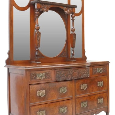Dresser, English, Edwardian, Beveled Mirrors, Mahogany, Crest, Early 1900s!